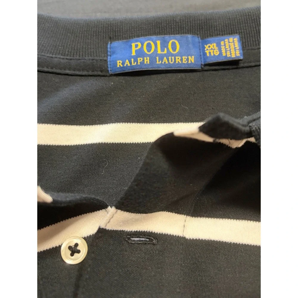 Polo Ralph Lauren Mens XXL Striped Short Sleeve Polo Shirt Navy Blue White EUC